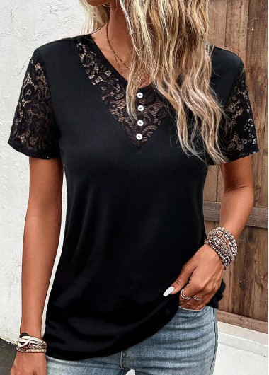 Black Lace Short Sleeve V Neck T Shirt | modlily.com - USD 22.98