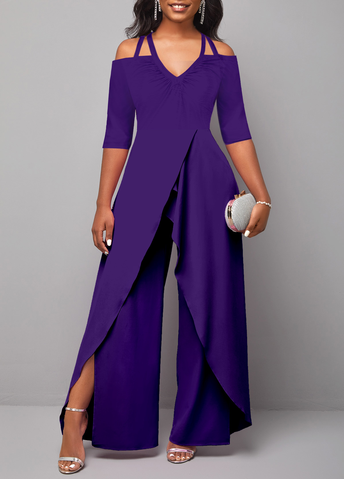 Illusion Neckline 3/4-Length Sleeve Jumpsuit Plum