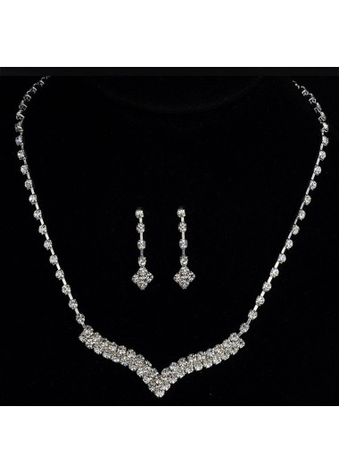 Silver Zircon V Shape Earrings and Necklace
