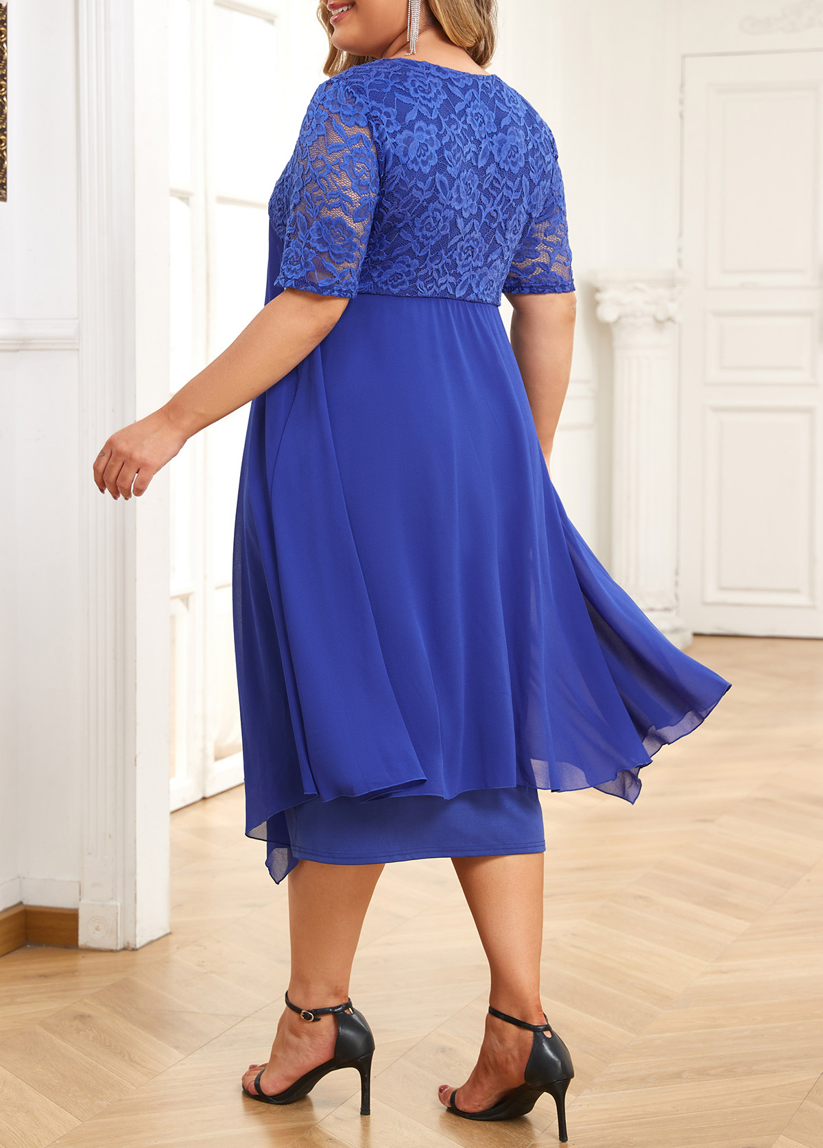 Blue Patchwork Plus Size Short Sleeve Bodycon Dress