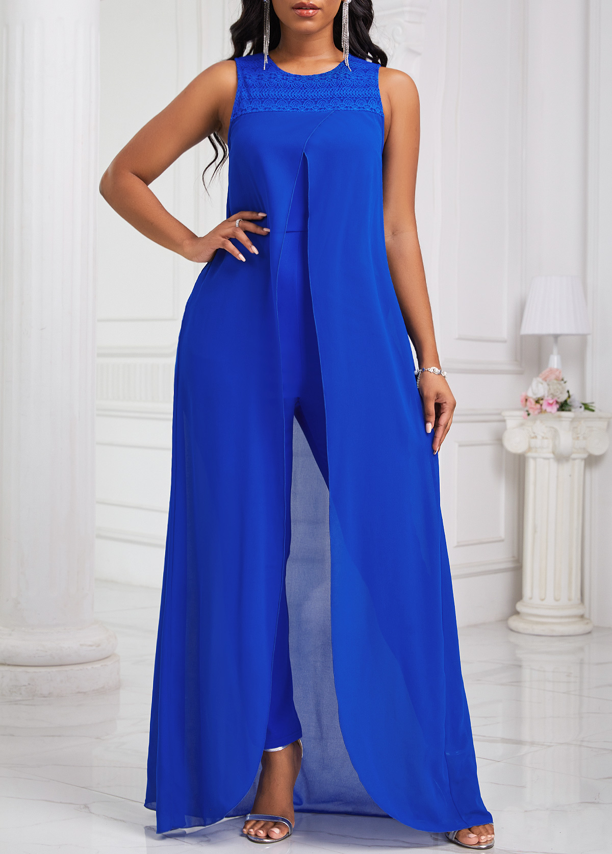 Royal Blue Patchwork Ankle Length Sleeveless Jumpsuit
