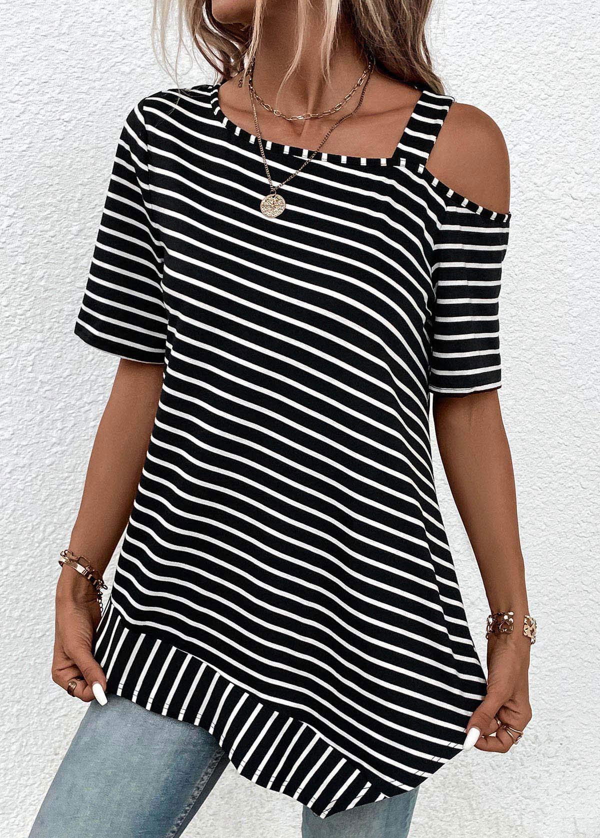 Black Asymmetry Striped Short Sleeve T Shirt | modlily.com - USD 26.98