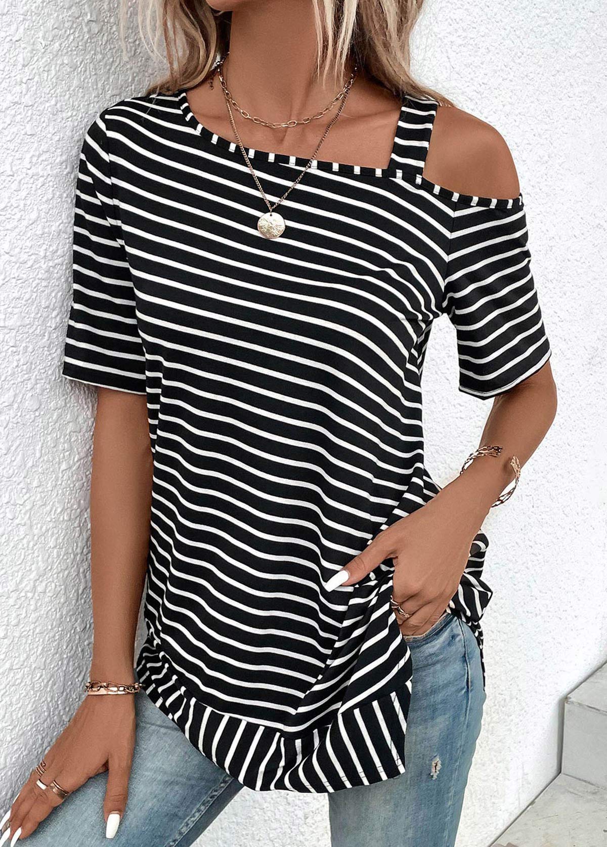 Black Asymmetry Striped Short Sleeve T Shirt | modlily.com - USD 26.98