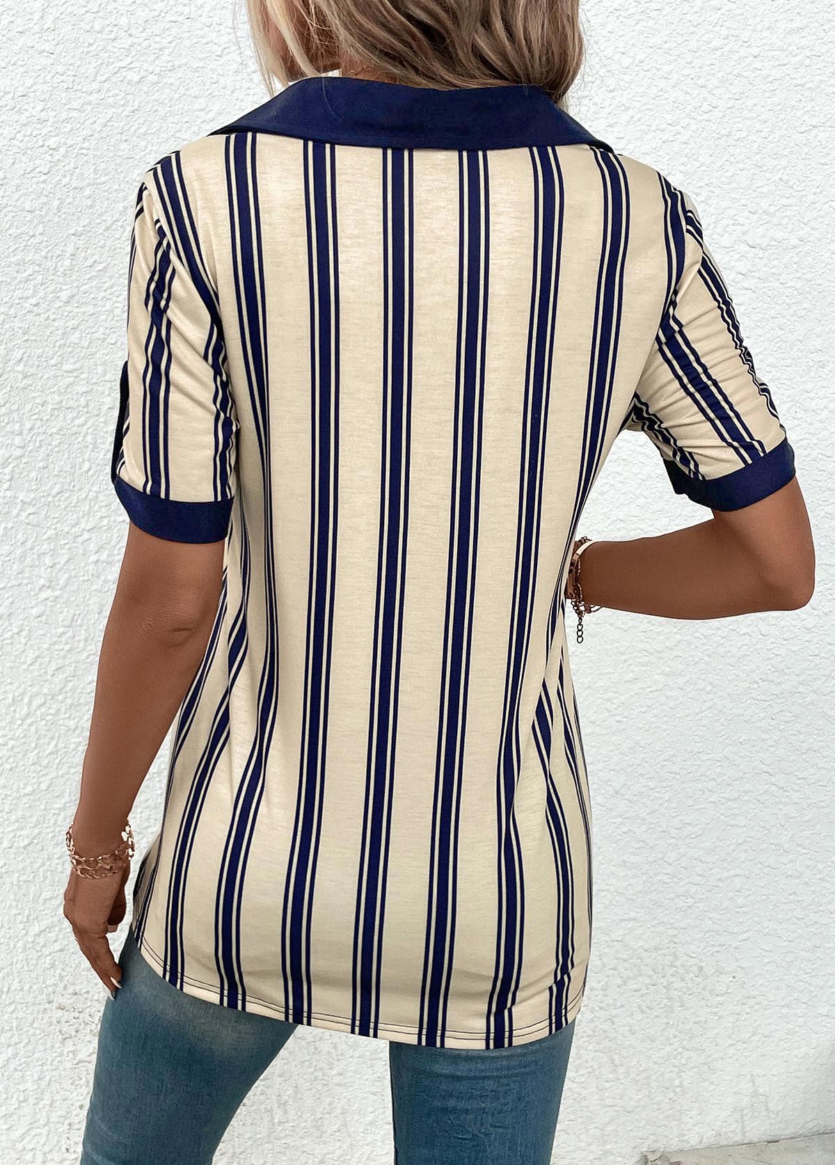 Beige Patchwork Striped Short Sleeve Shirt Collar Blouse