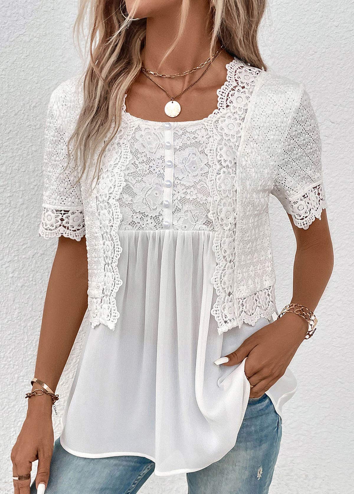 White Fake 2in1 Short Sleeve Round Neck Blouse | modlily.com - USD 39.98