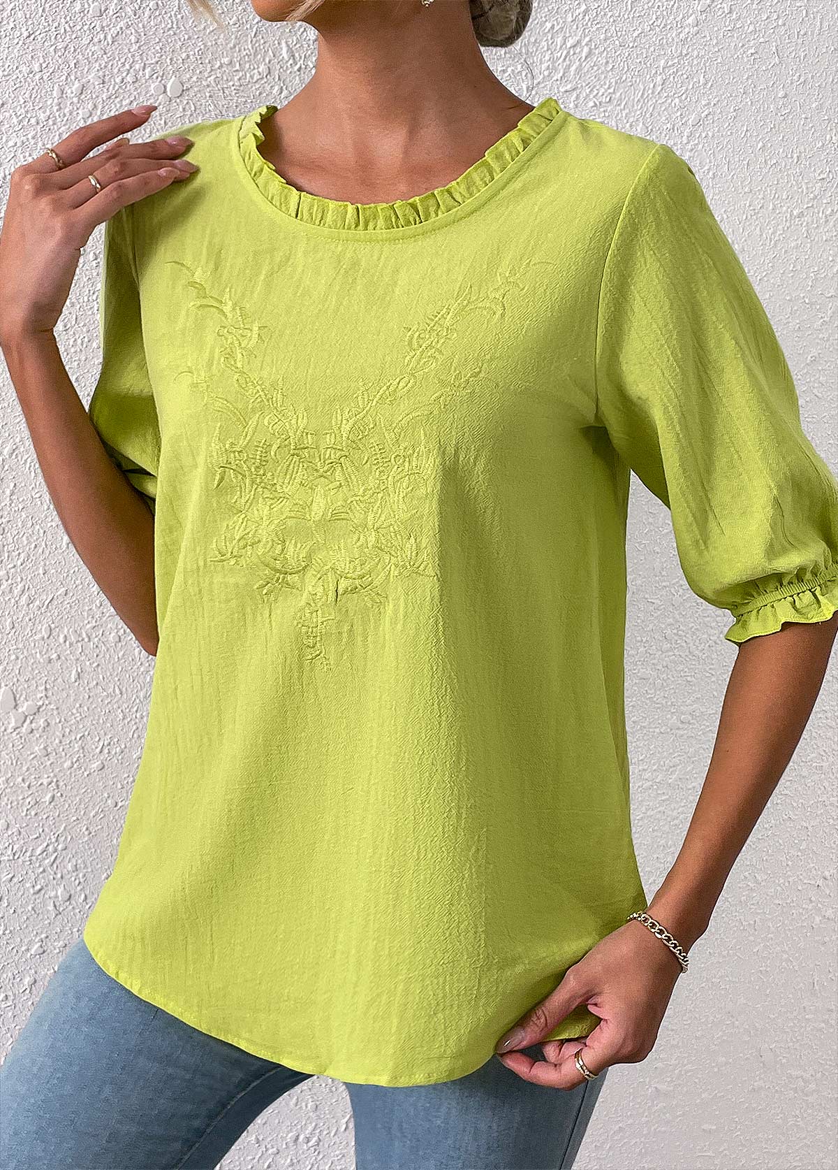 Grass Green Embroidery Three Quarter Length Sleeve Blouse
