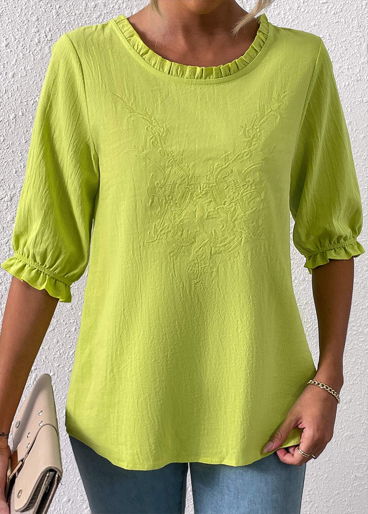 Grass Green Embroidery Three Quarter Length Sleeve Blouse