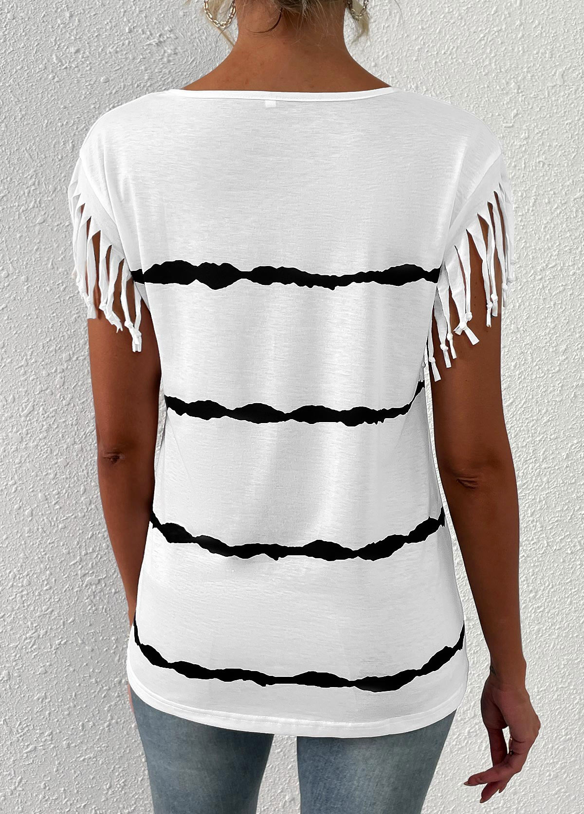 White Tassel Striped Short Sleeve T Shirt