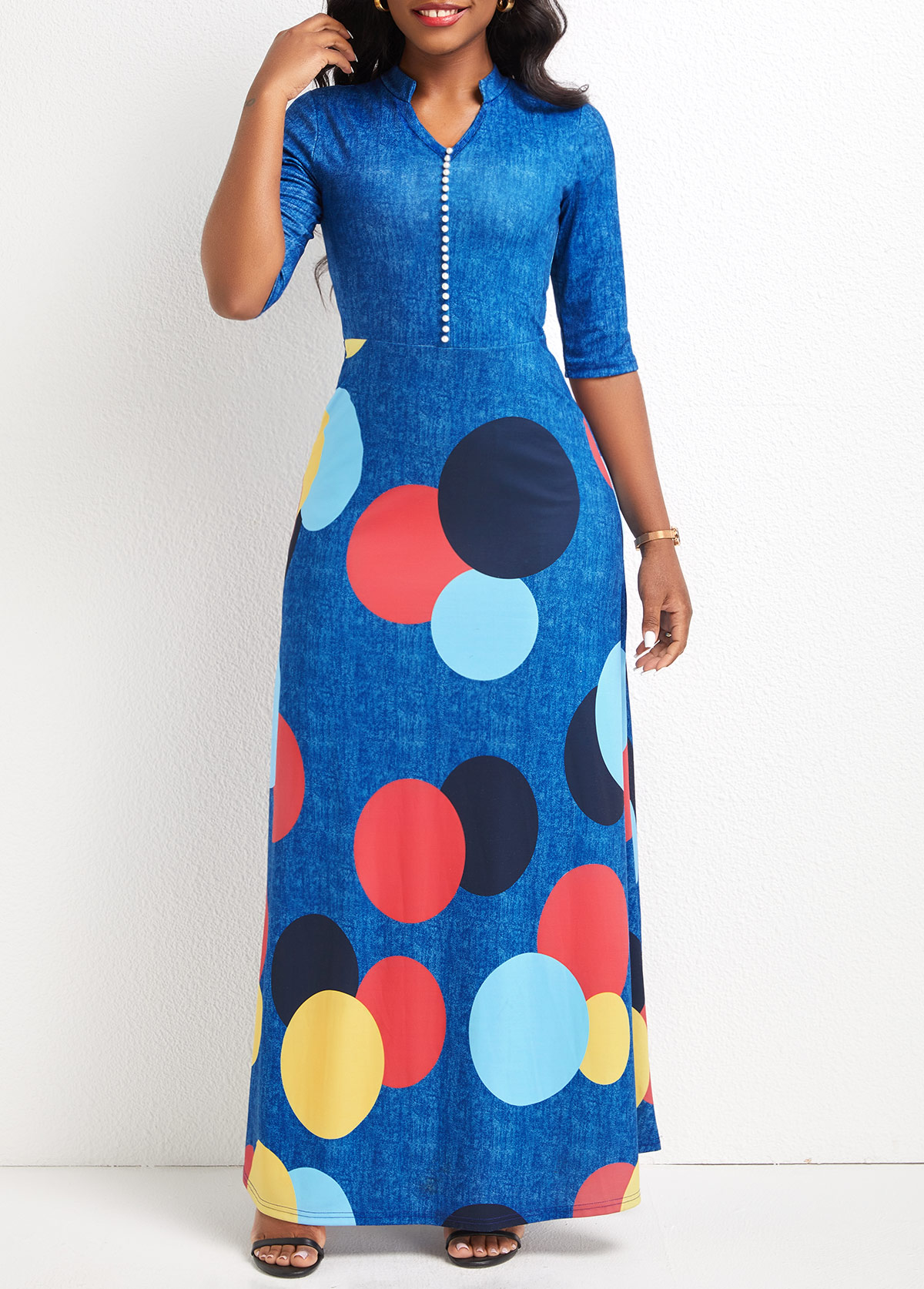 Denim Blue Button Geometric Print Maxi Dress