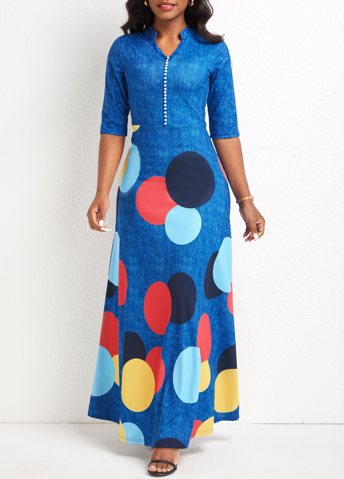 Denim Blue Button Geometric Print Maxi Dress