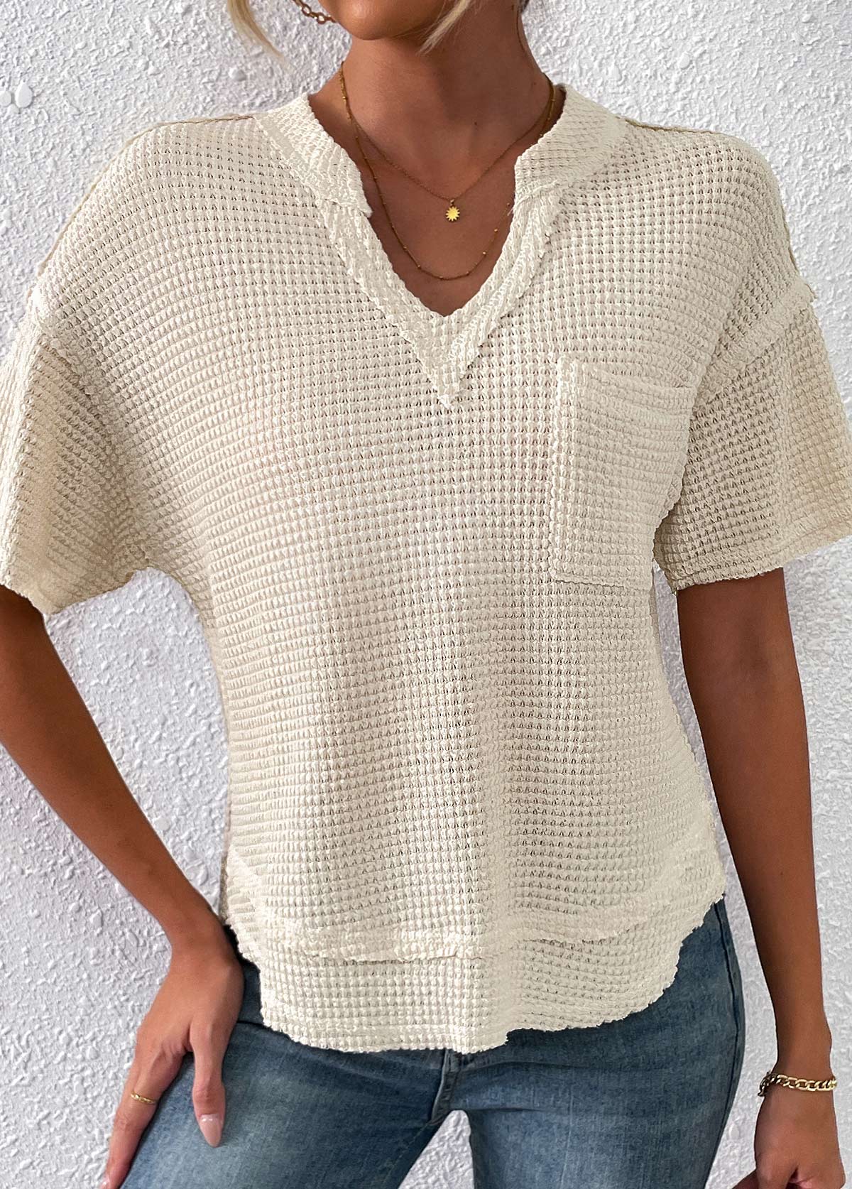 Beige Pocket Short Sleeve Split Neck T Shirt | picture 