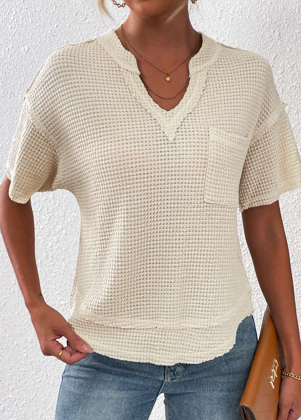 Beige Pocket Short Sleeve Split Neck T Shirt | picture 