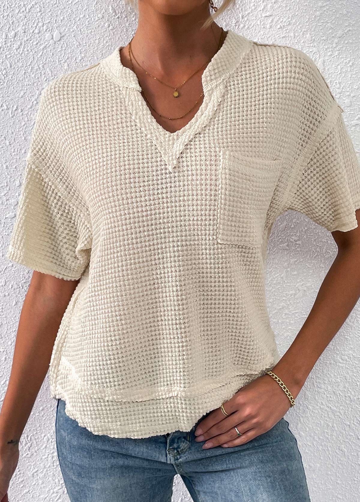 Beige Pocket Short Sleeve Split Neck T Shirt | picture 