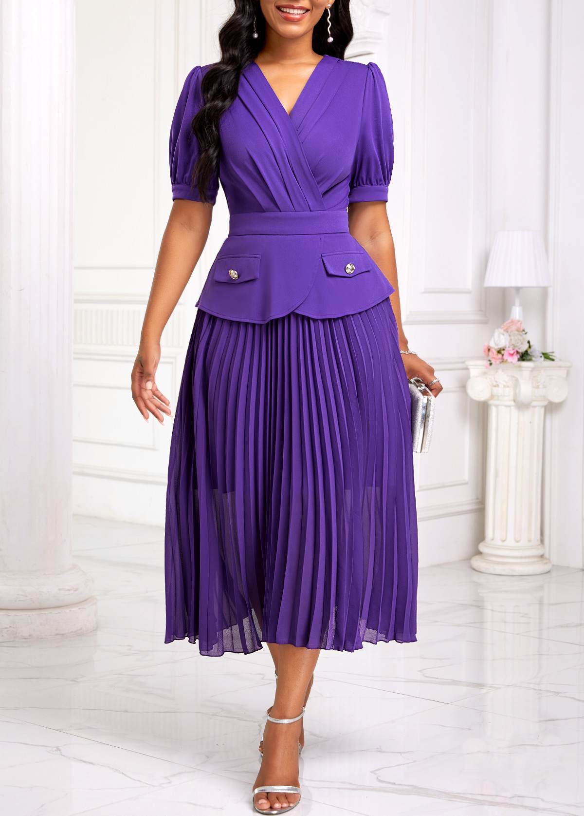 Purple Pleated Half Sleeve V Neck Dress