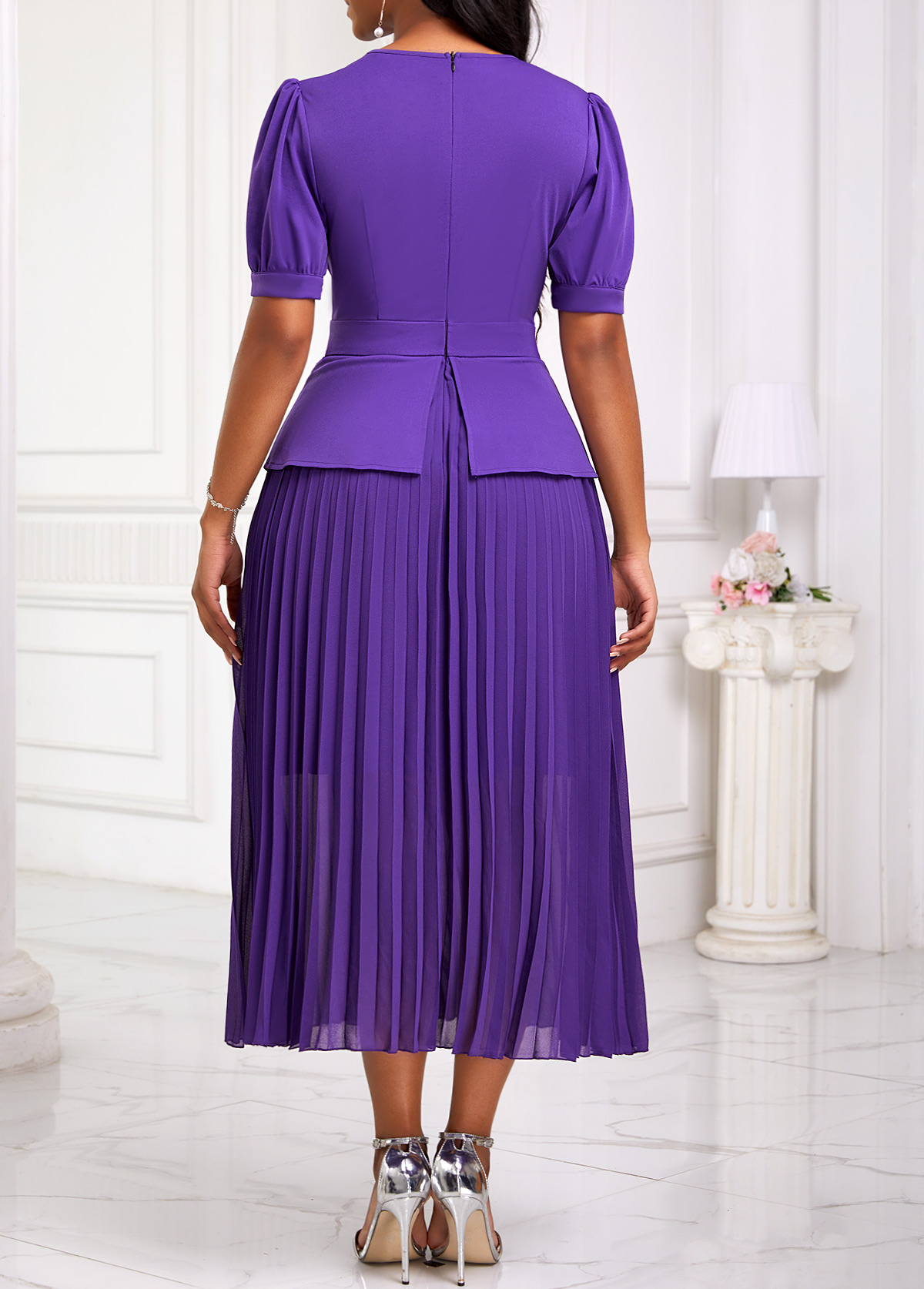 Purple Pleated Half Sleeve V Neck Dress