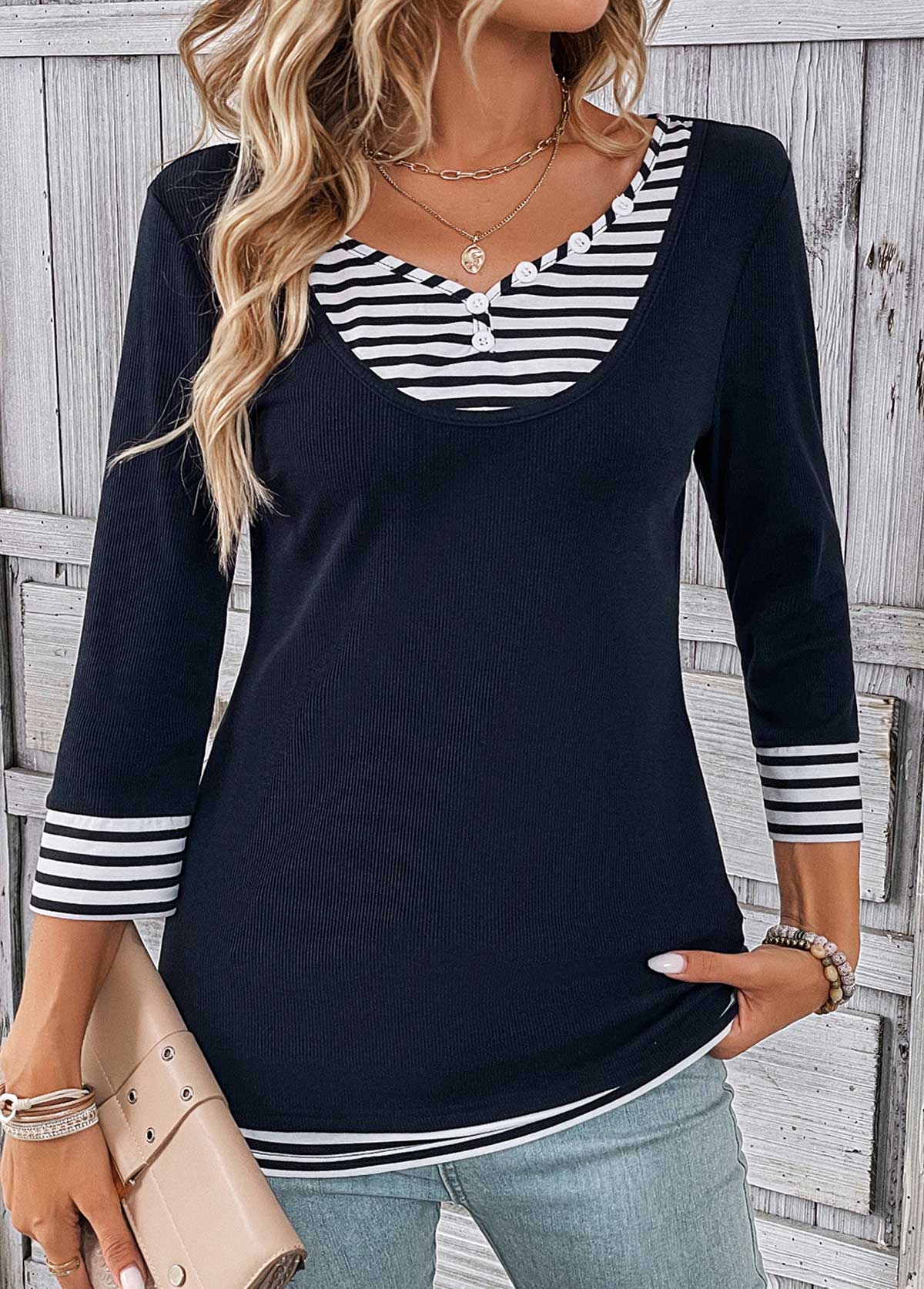 Navy Fake 2in1 Striped T Shirt | picture 