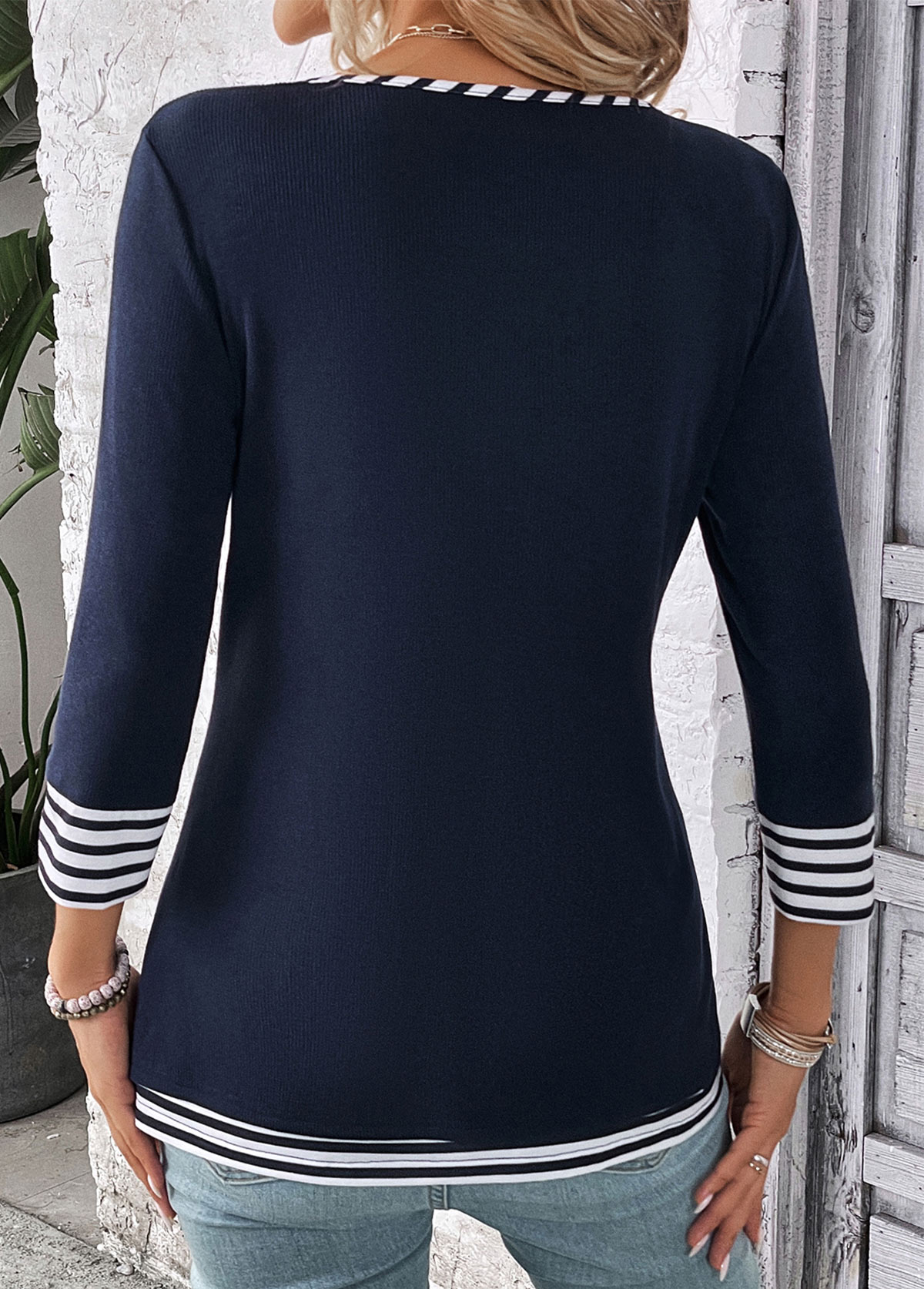 Navy Fake 2in1 Striped T Shirt