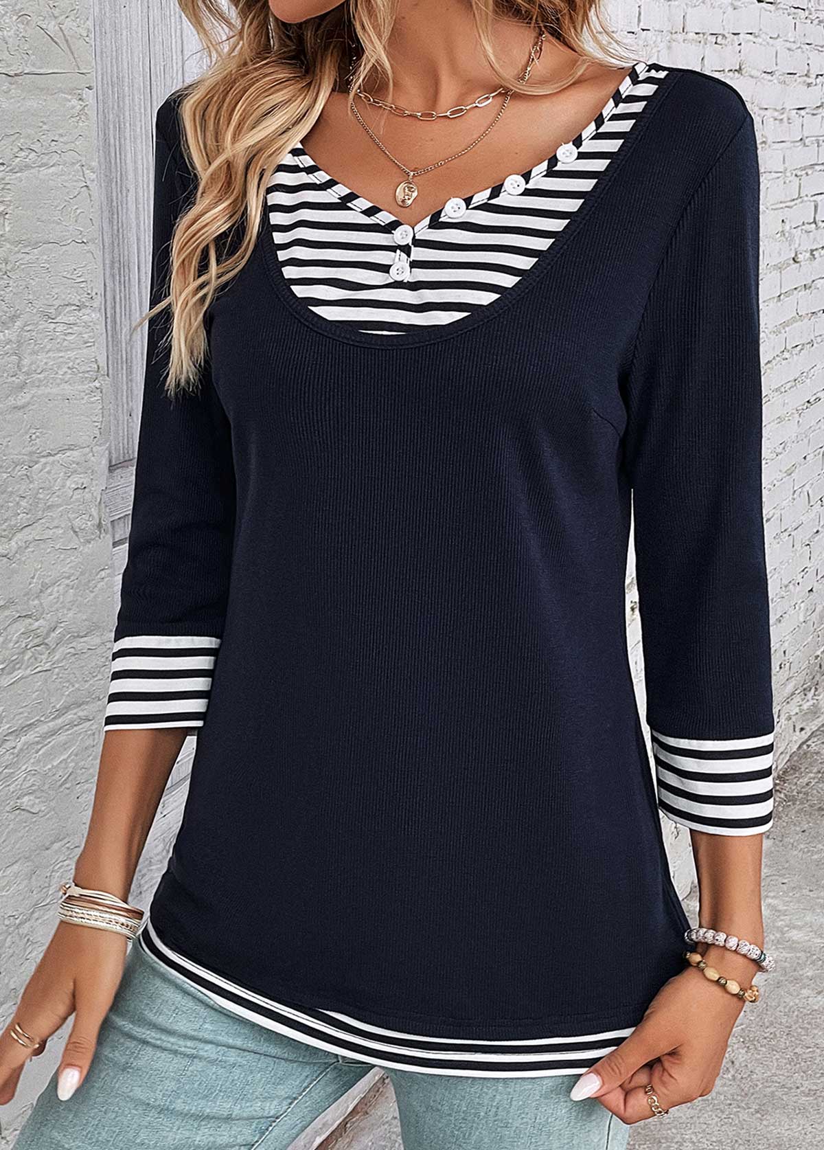 Navy Fake 2in1 Striped T Shirt | picture 