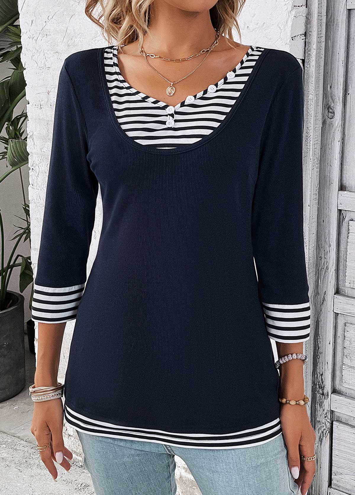 Navy Fake 2in1 Striped T Shirt | picture 