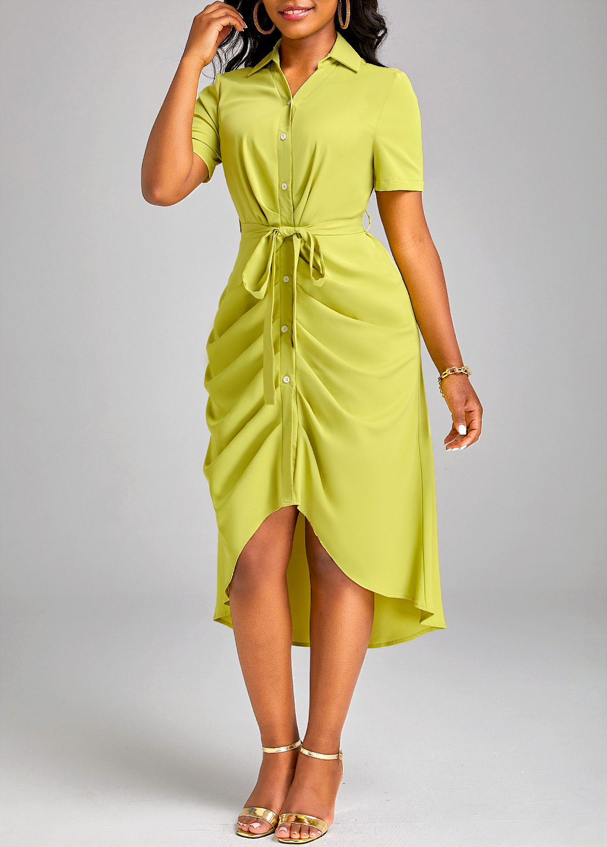 Avocado Green Ruched High Low Belted Dress