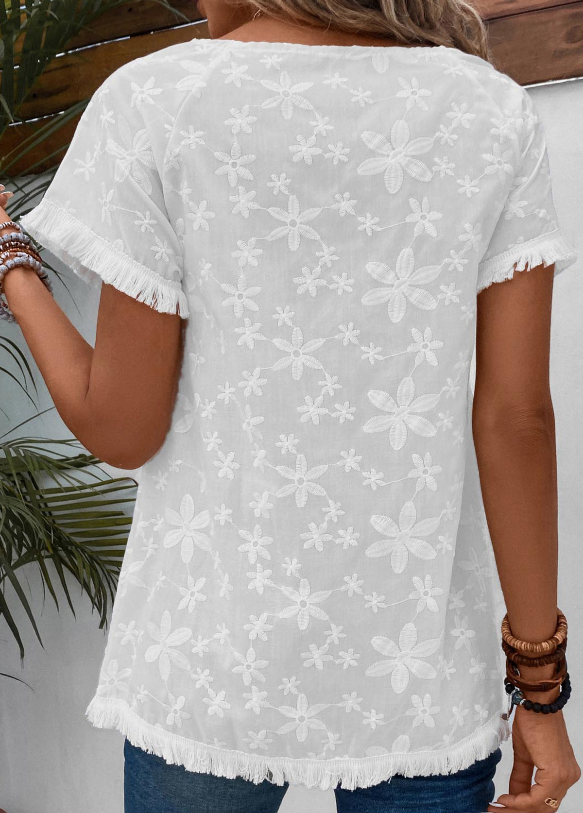 White Embroidery Short Sleeve Boat Neck T Shirt