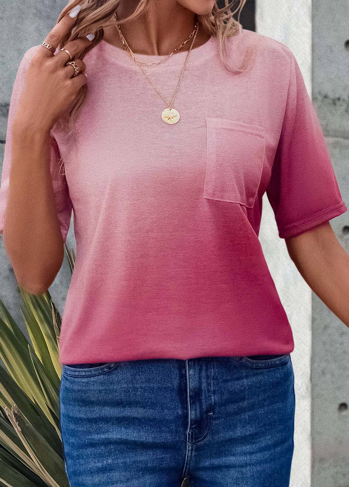 Pink Pocket Ombre Short Sleeve T Shirt