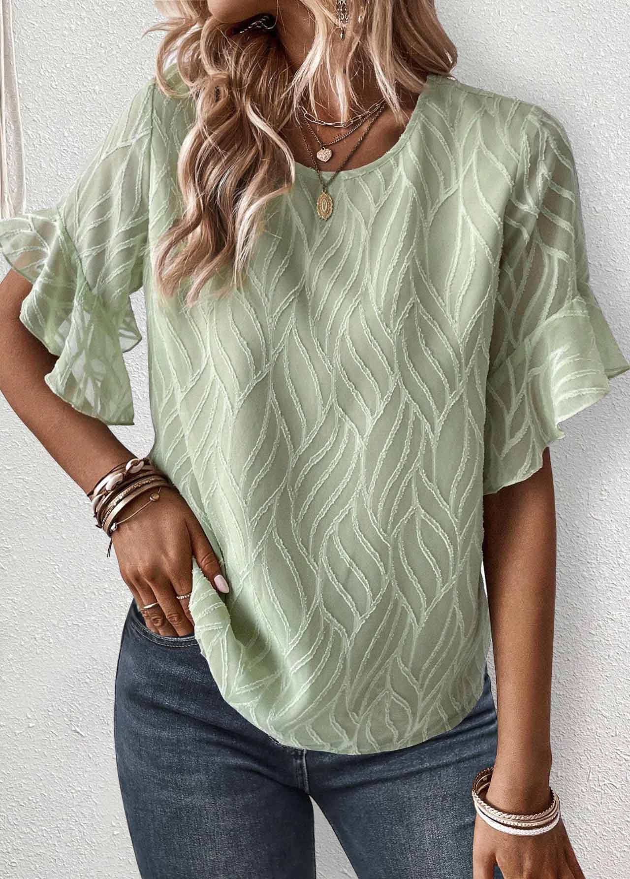 Sage Green Ruffle Short Sleeve Round Neck Blouse | picture 
