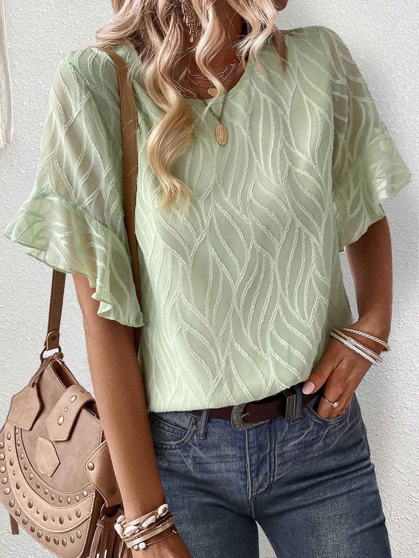 Sage Green Ruffle Short Sleeve Round Neck Blouse | picture 