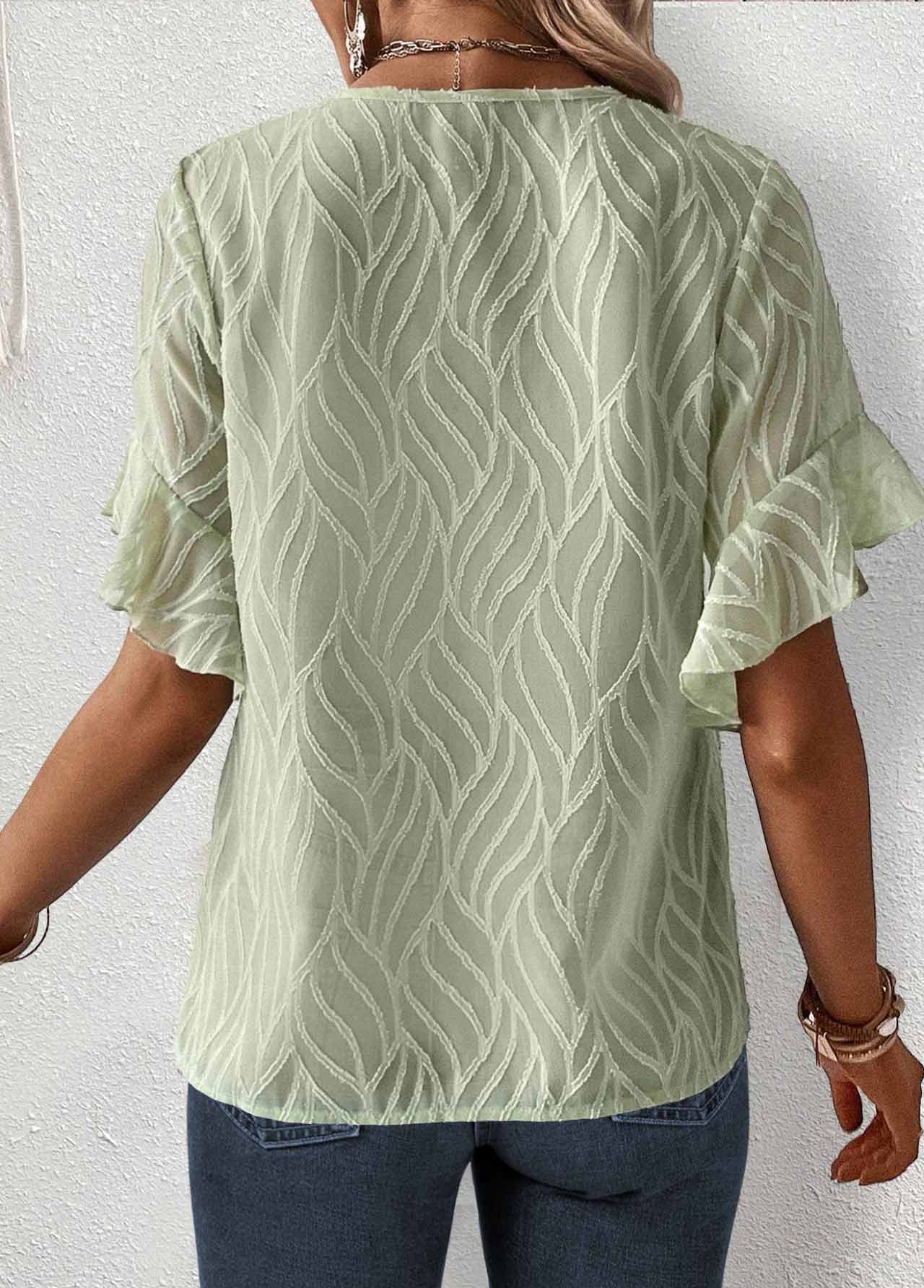 Sage Green Ruffle Short Sleeve Round Neck Blouse | picture 