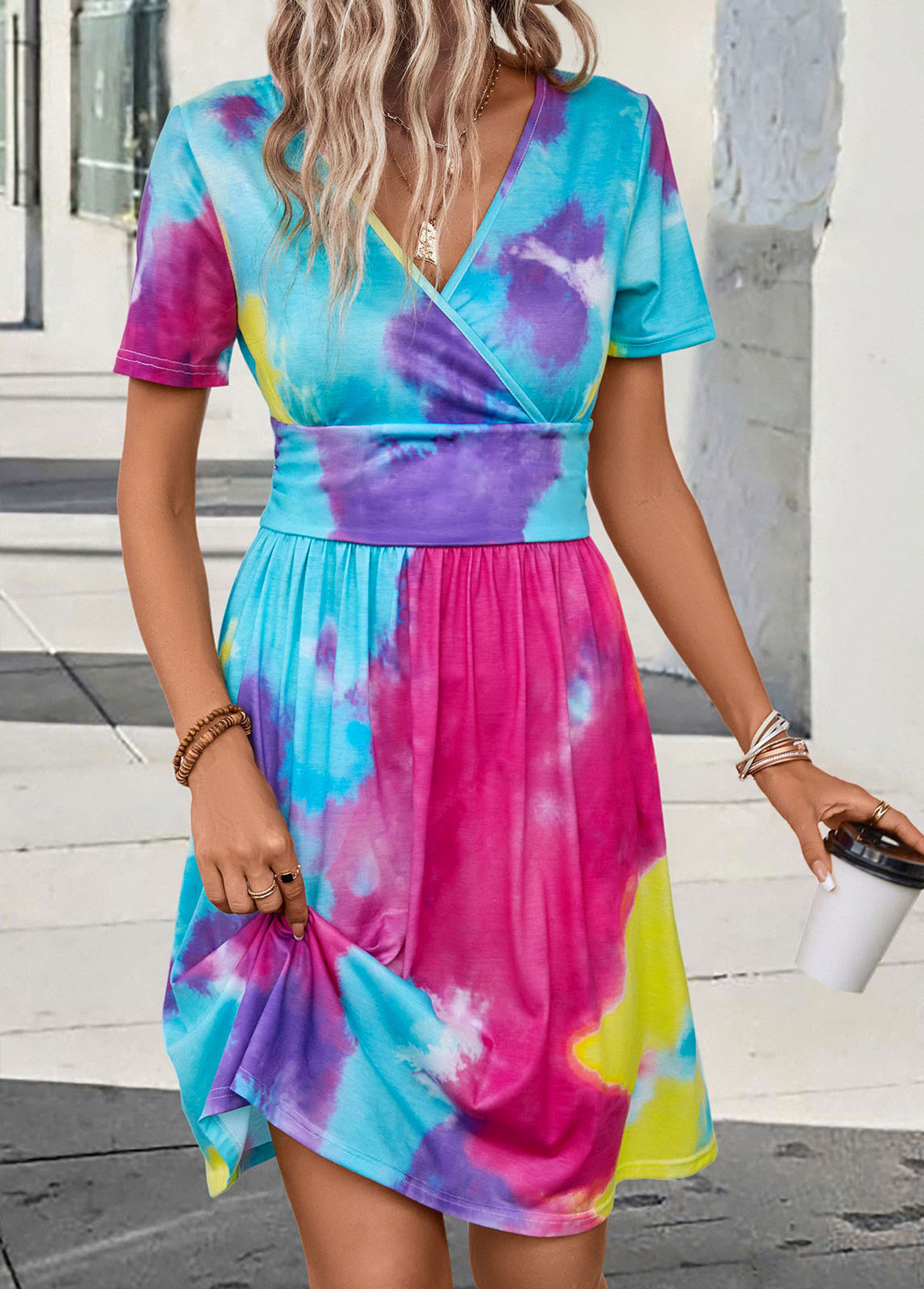 Multi Color Ruched Tie Dye Print Dress