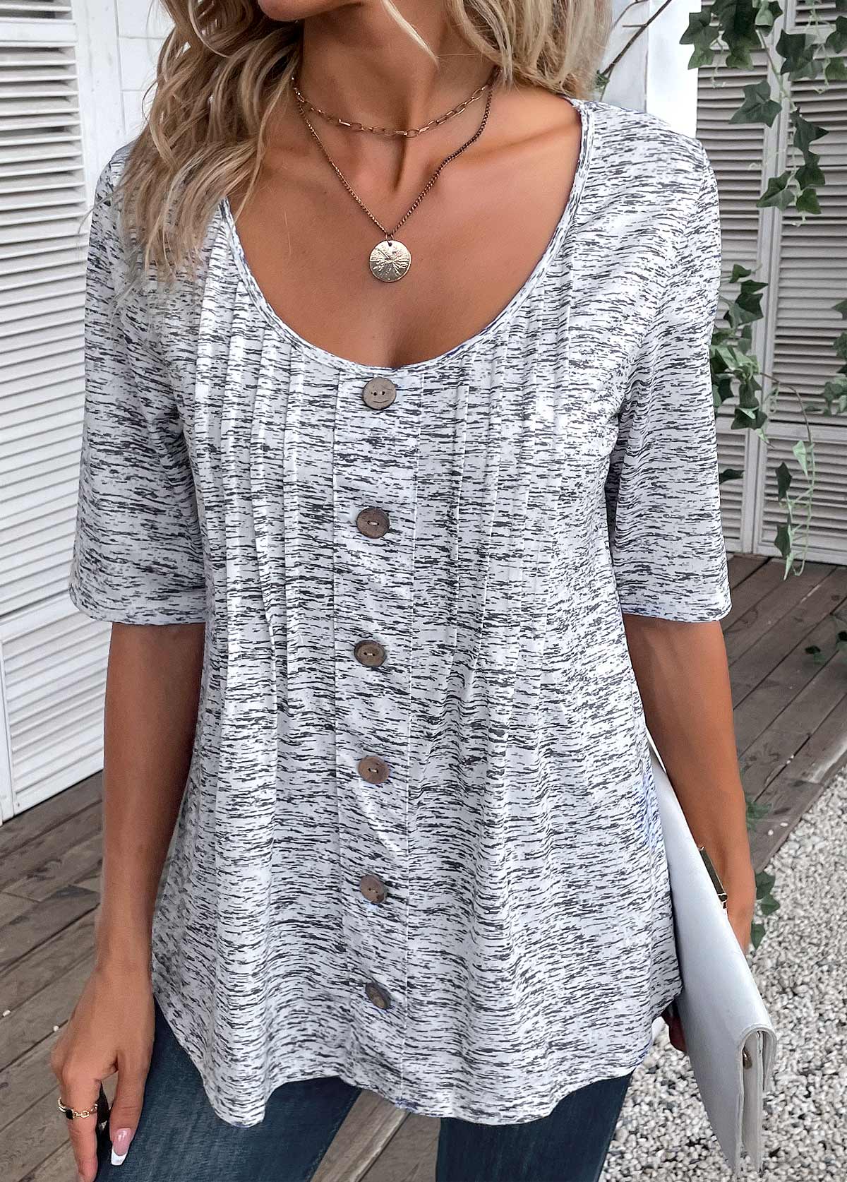Light Grey Marl Button Half Sleeve T Shirt