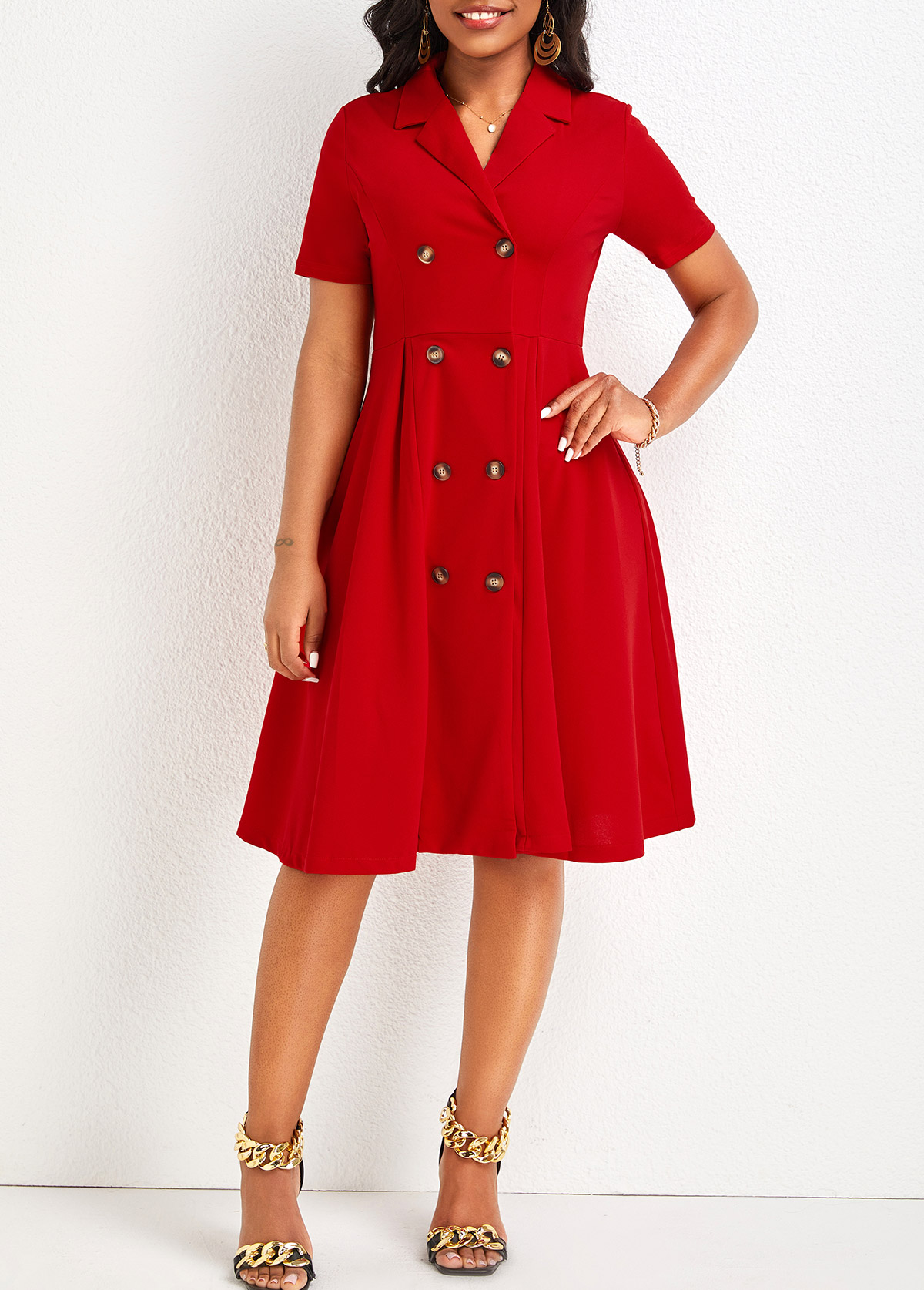 Red Double Breasted Short Sleeve Lapel Dress