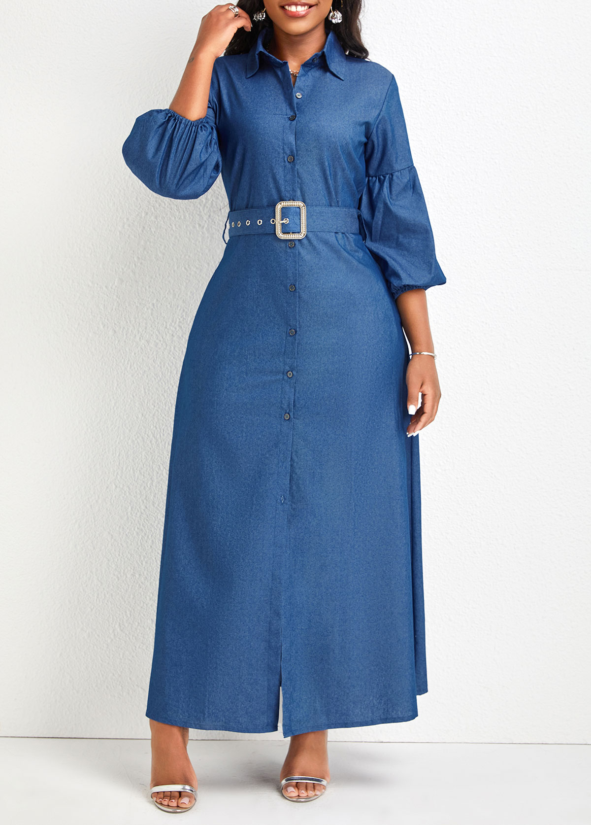 Denim Blue Button Belted Maxi Dress