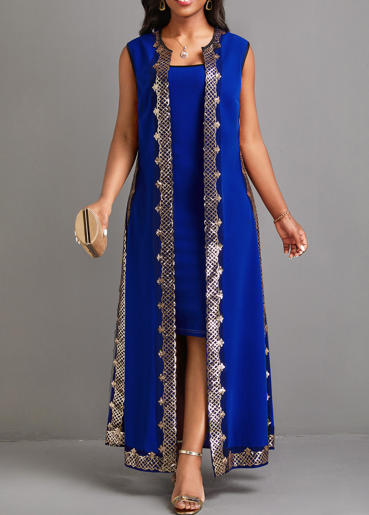 Blue Sequin Two Piece Suit Sleeveless Maxi Dress