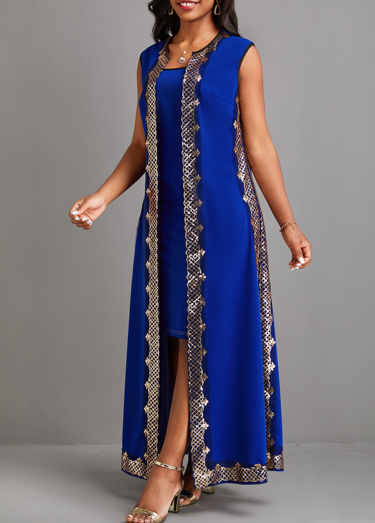 Blue Sequin Two Piece Suit Sleeveless Maxi Dress