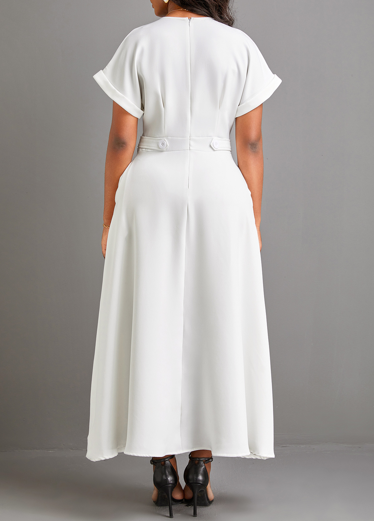 White Pocket Short Sleeve Split Neck Maxi Dress