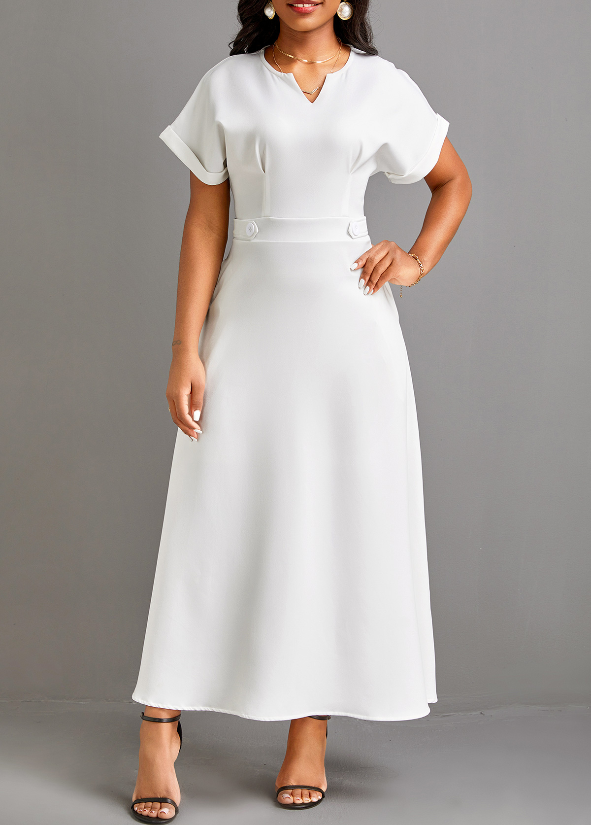 White Pocket Short Sleeve Split Neck Maxi Dress