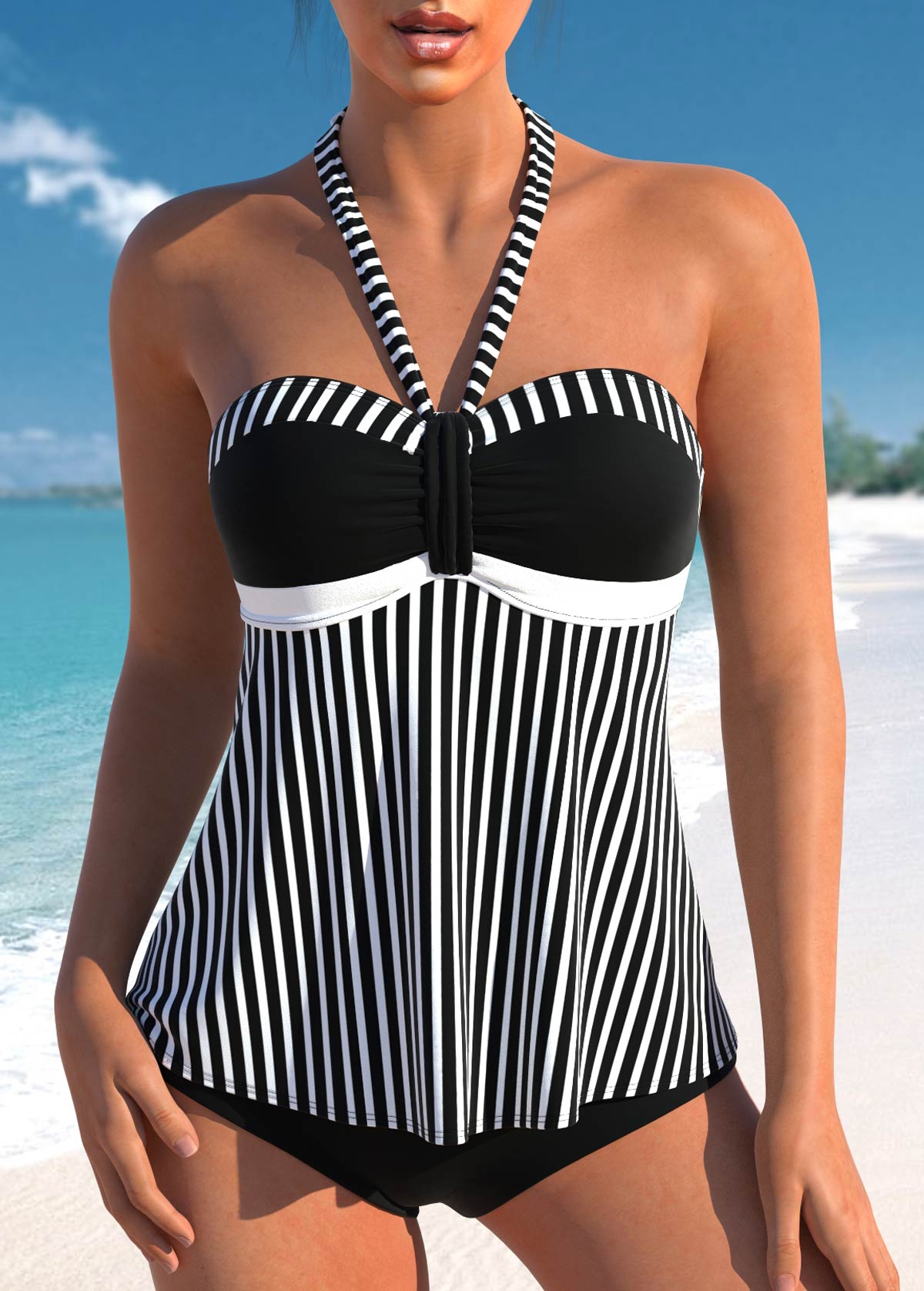 Ruched Patchwork Striped Black Tankini Top-No Bottom