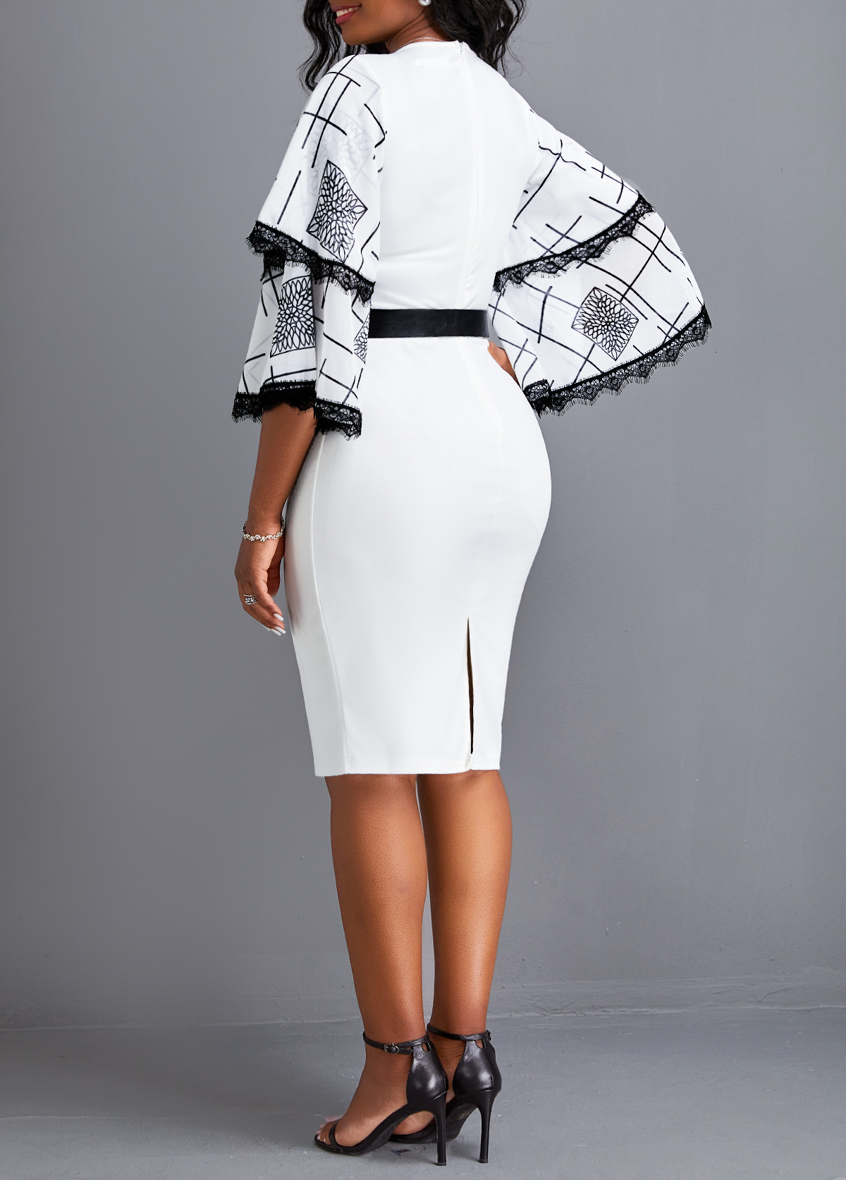 White Lace Geometric Print Belted Dress