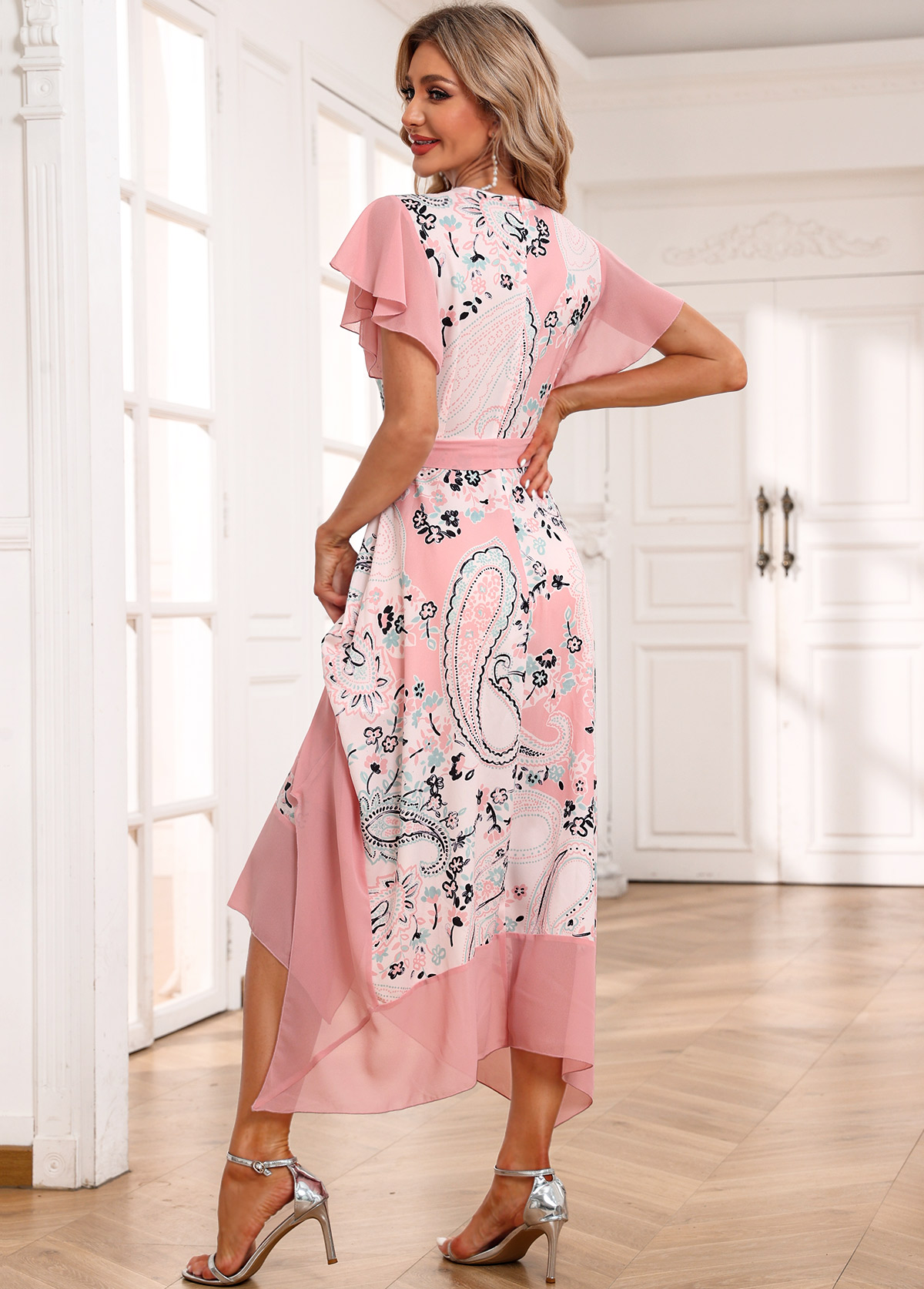 Light Pink Handkerchief Hem Paisley Print Belted Dress
