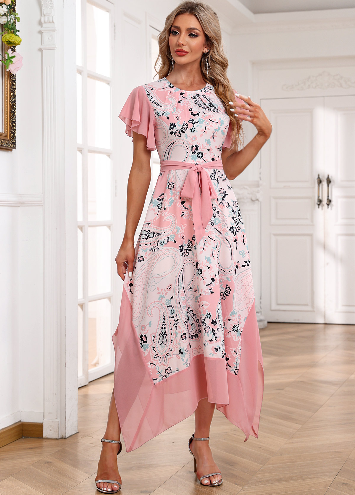 Light Pink Handkerchief Hem Paisley Print Belted Dress