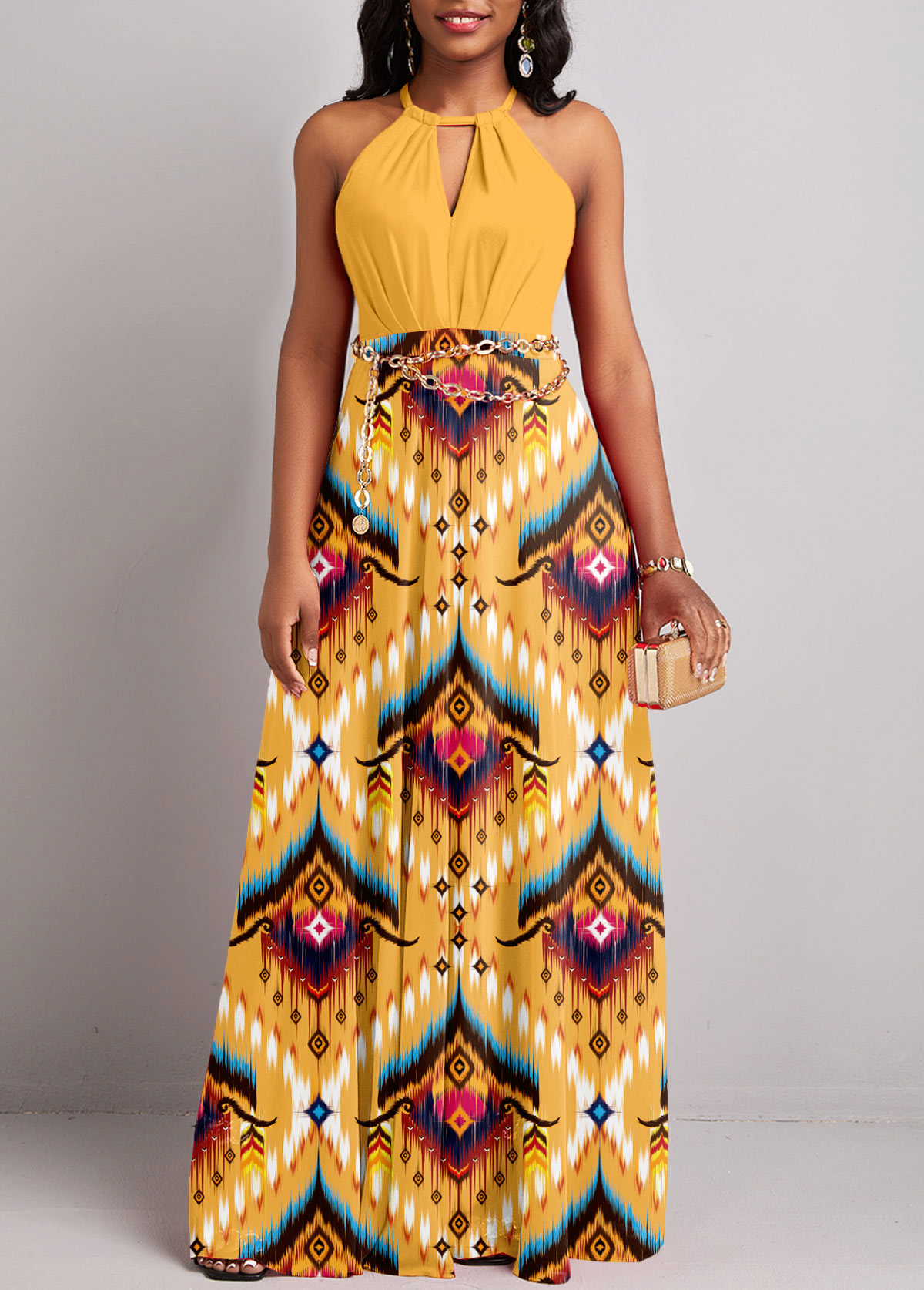 Yellow Cut Out Tribal Print Maxi Sleeveless Dress