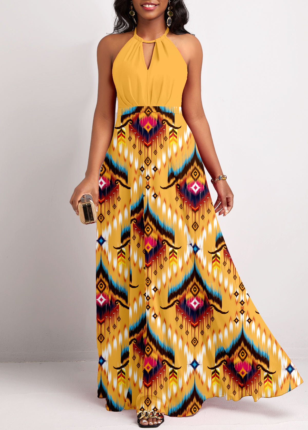 Yellow Cut Out Tribal Print Maxi Sleeveless Dress