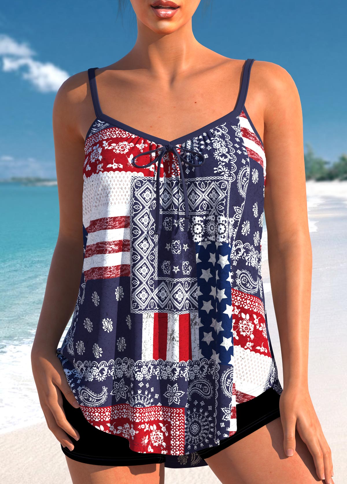 Patchwork American Flag Print Multi Color Tankini Top-No Bottom | linkimg