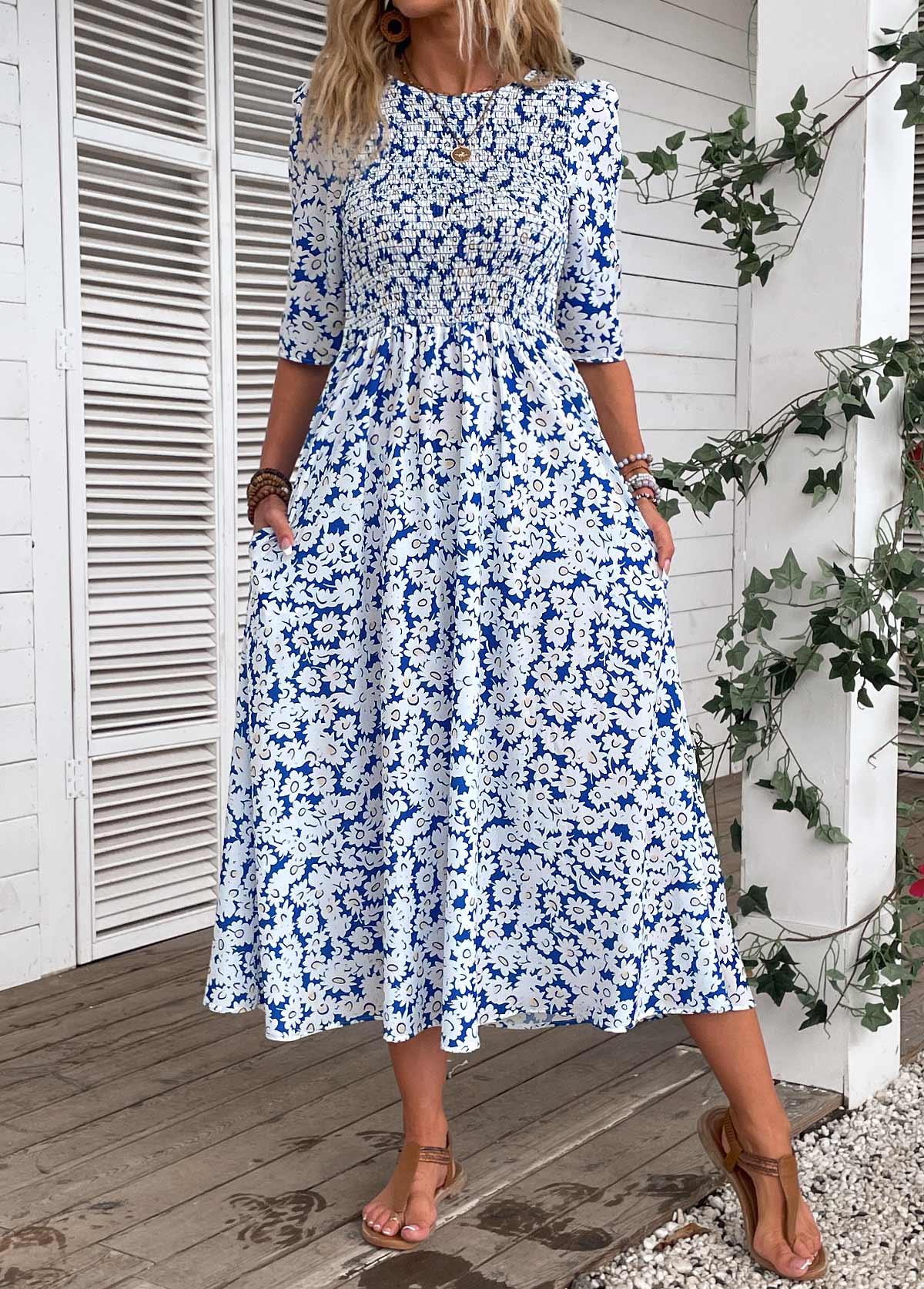 Blue Smocked Ditsy Floral Print Half Sleeve Dress