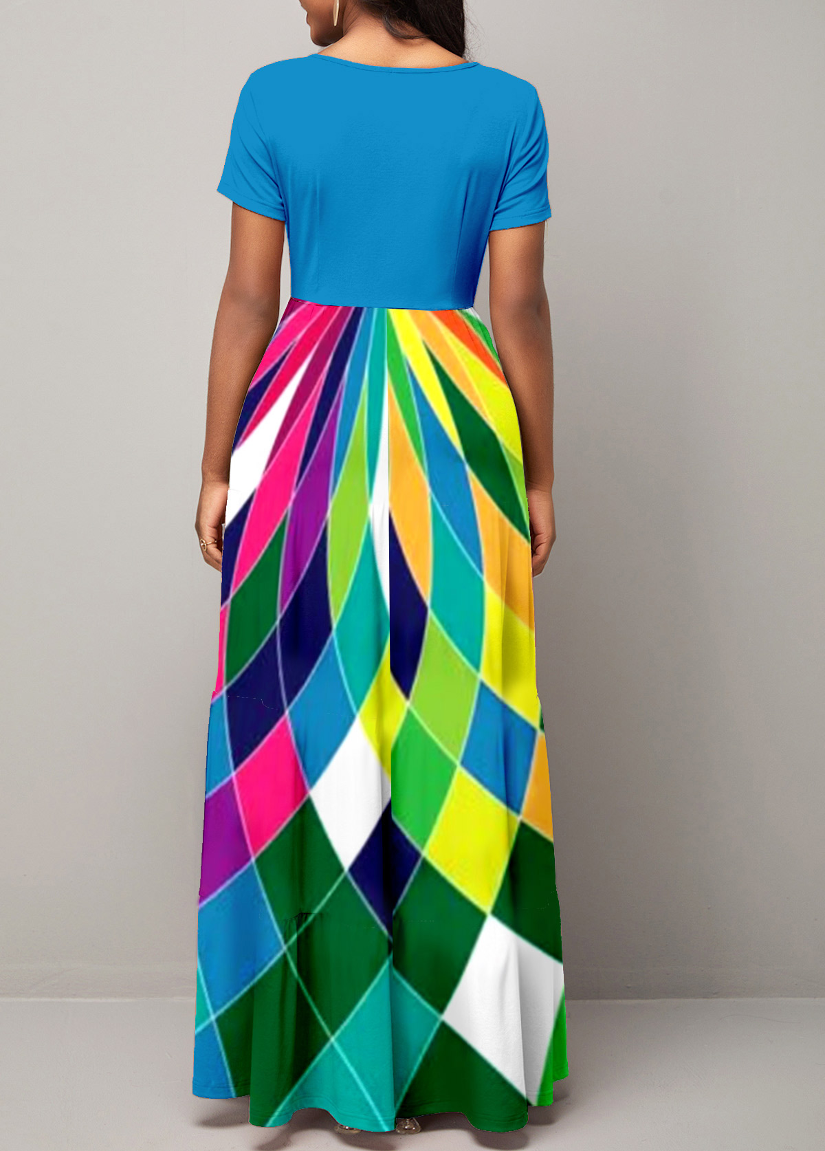 Blue Umbrella Hem Geometric Print Maxi Dress