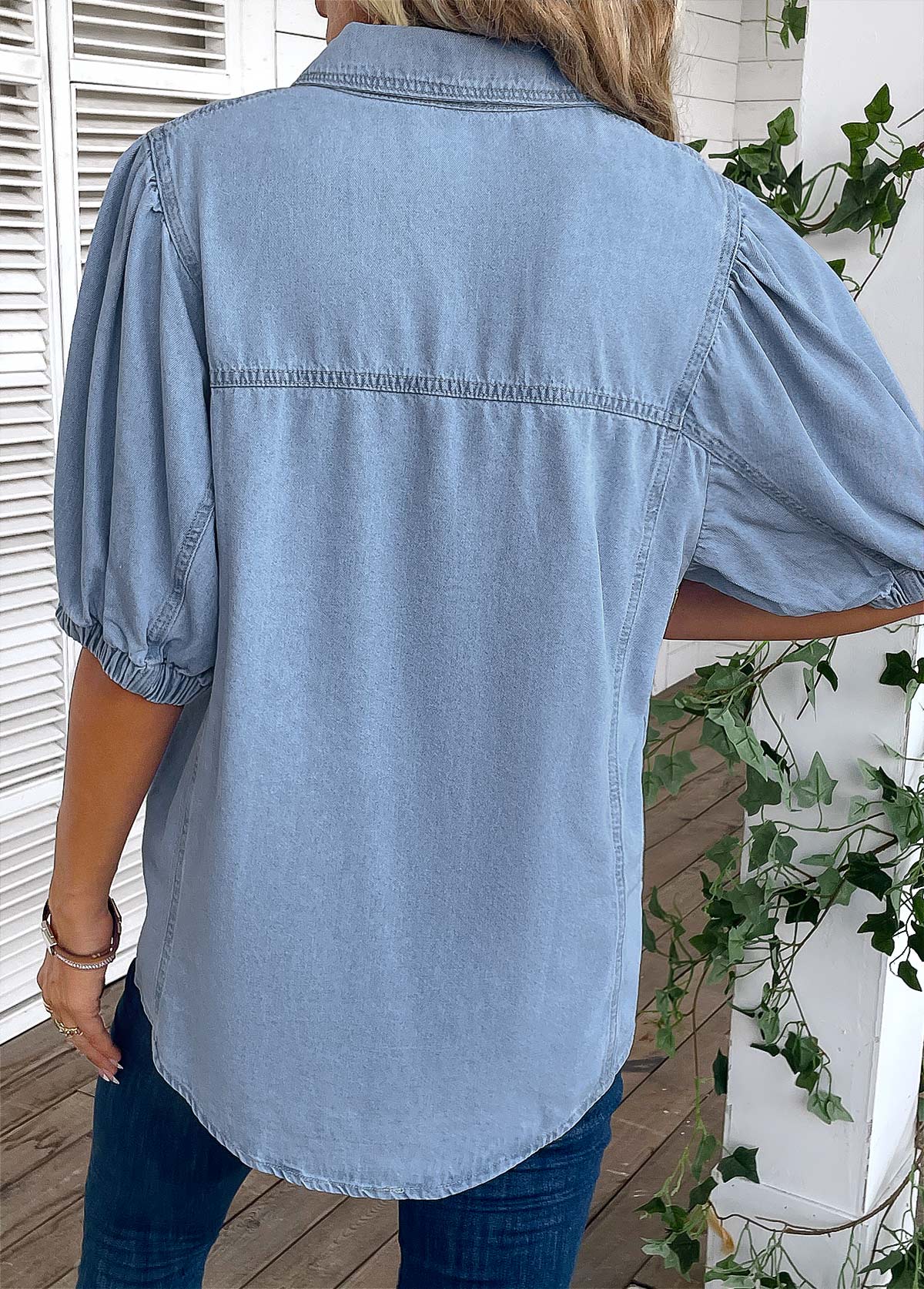 Light Blue Button Half Sleeve Shirt Collar Blouse