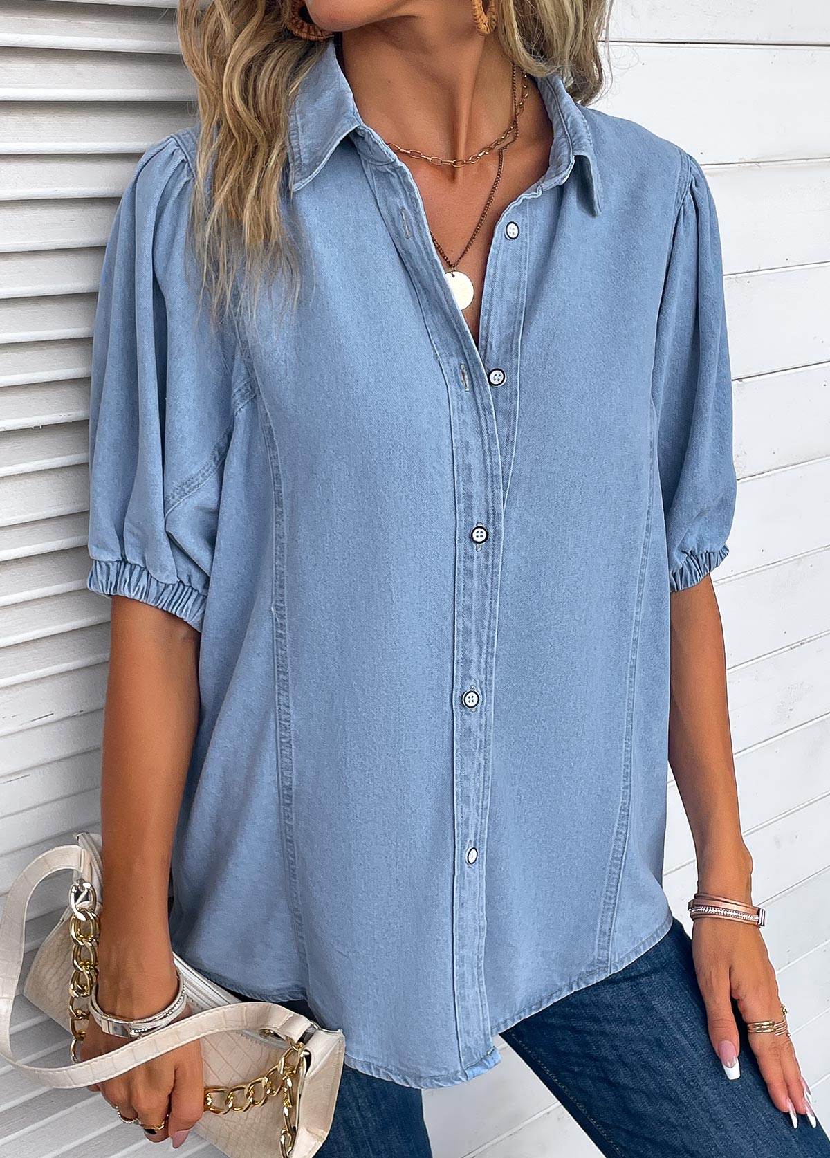 Light Blue Button Half Sleeve Shirt Collar Blouse | modlily.com - USD 34.98