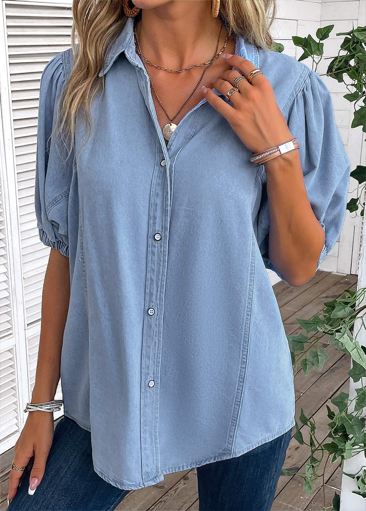 Light Blue Button Half Sleeve Shirt Collar Blouse | modlily.com - USD 34.98