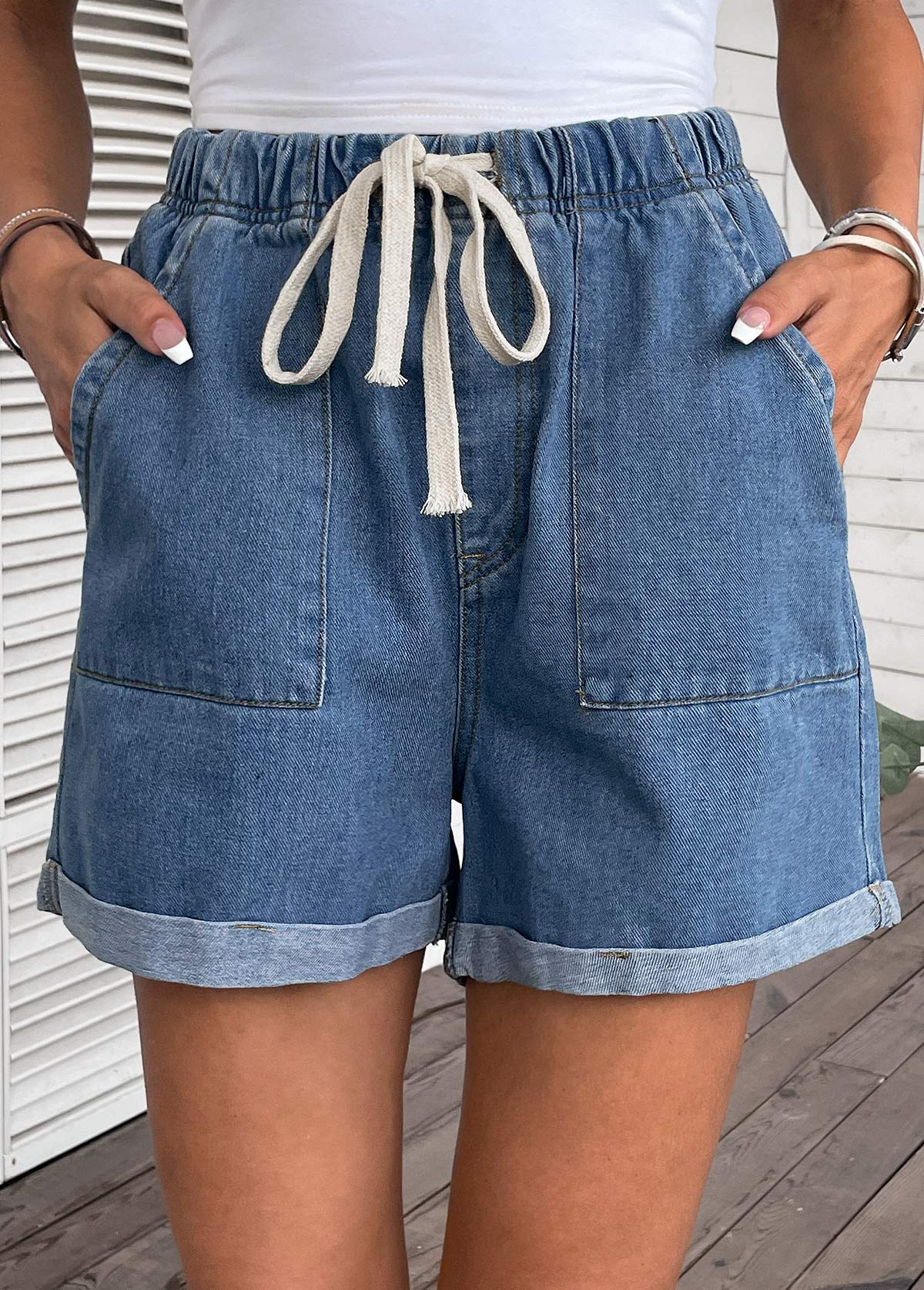 Pocket High Waisted Drawastring Denim Shorts
